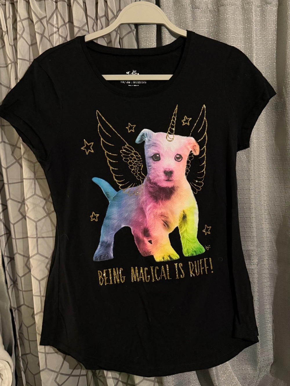 Justice Black Tee with Rainbow Puppy Unicorn and Gold Accents